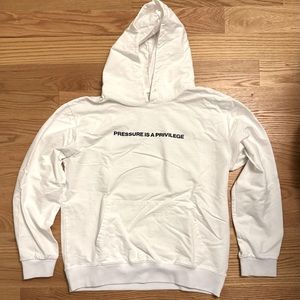 Men’s White Medium Chris Bumstead “Pressure is a Privilege” Graphic Hoodie.